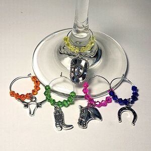 5 Beautiful Hand Crafted Cowboy Western Crystal Wine Charms